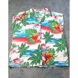 80s Tropical Print Hawaiian Shirt Sleeveless vintage M Cricket Sport retro